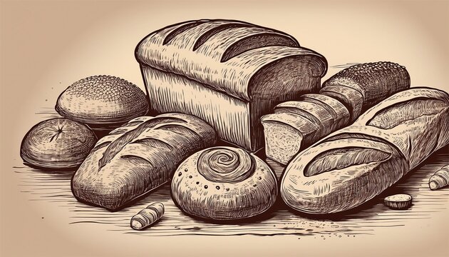 vintage style sketch of assorted bread loaves and baked goods