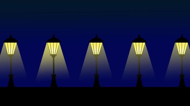 A row of classic street lamps illuminating the darkness with bright yellow beams against a deep blue night sky gradient.