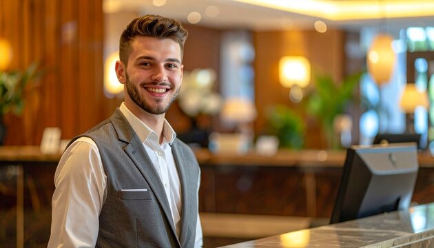 Friendly Young Male Hotel Receptionist at the Front Desk