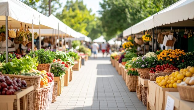 Vibrant Outdoor Farmers Market with Fresh Produce and Flowers