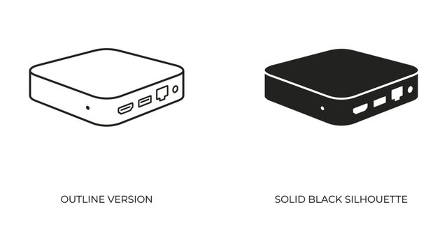 Small Computer Icon: Two minimalist icons representing a compact computer device, one in outline and the other as a solid black silhouette, ideal for technology interfaces and presentations.