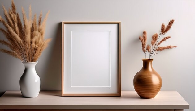 mockup photo frame on table on light background with vase vertical psd format front view