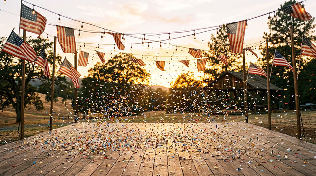American Independence Day evening celebration with confetti and nostalgic cinema atmosphere