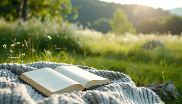 Open Notebook on Knitted Blanket in Sunlit Summer Meadow