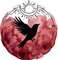 Naklejka premium Mystical Black Bird Silhouette Vector Design with Red Watercolor Splash Moon and Sun Line Art Celestial Elements Isolated on White Background
