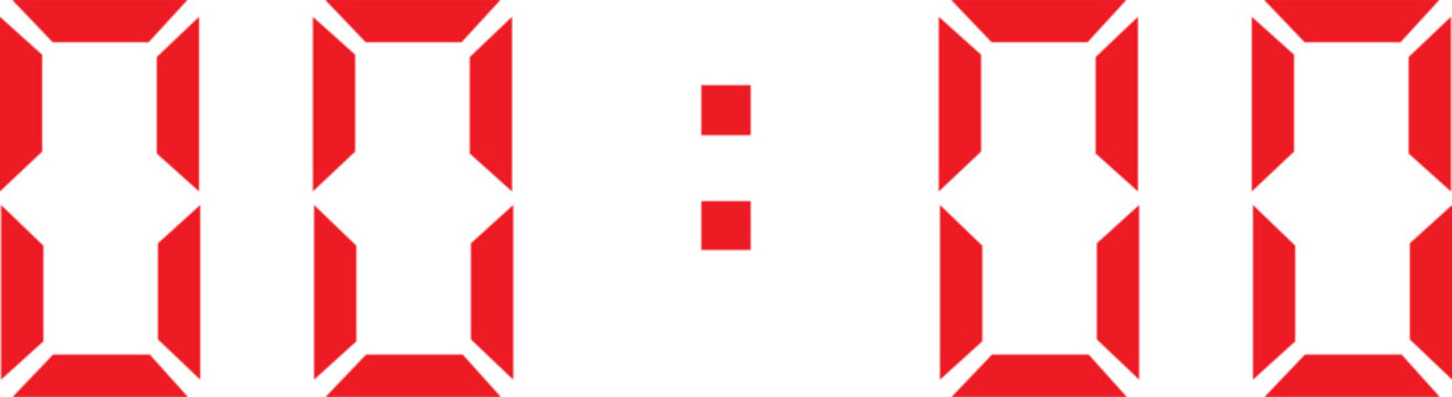 red digital clock showing 00:00 on a white background. Modern digital clock display with glowing numbers, perfect for technology, time, and futuristic concepts.
