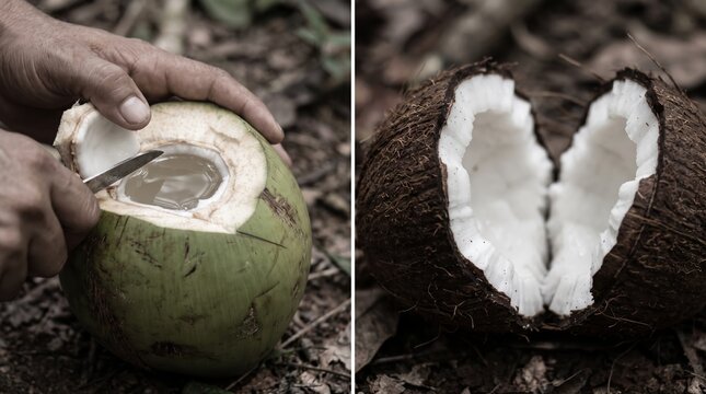 Collage of fresh green coconut being opened with knife and ripe brown coconut split in half showing white meat. Tropical fruit food and water source.