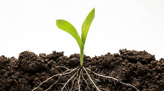Young Green Plant Sprout Growing From Dark Soil With Visible Roots Concept