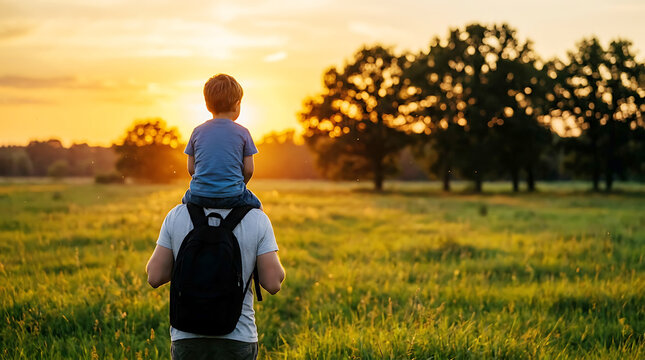 Father Carrying Young Son On Shoulders During Golden Hour Sunset In Meadow