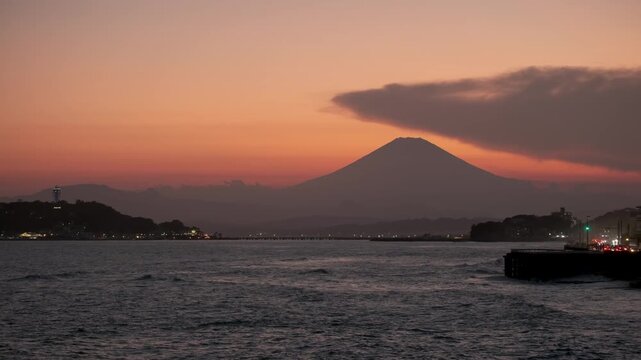 Silhouette of Mount Fuji at Sunset over Sagami Bay in Japan