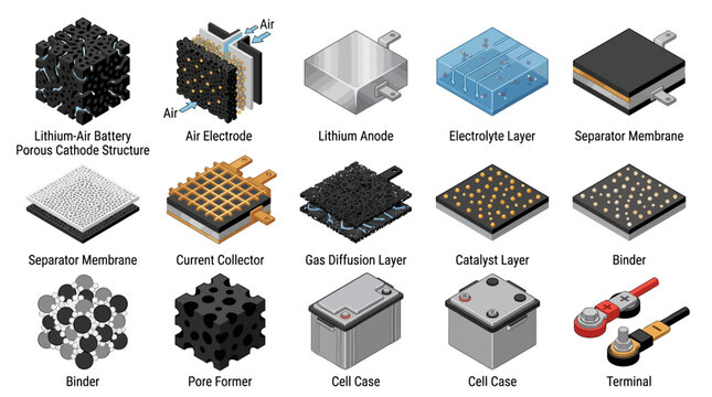Isometric Vector Icon Set of Lithium-Air Battery Components, Including Anode, Cathode, Electrolyte, Membrane, and Cell Case for Clean Energy Technology and Scientific Presentations