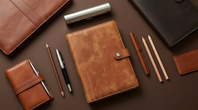 Luxury Brown Leather Notebook Journal Planner With Elegant Pen And Stationery Accessories On Dark Background