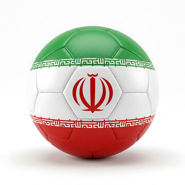 Iran flag football soccer ball with national emblem on white background isolated