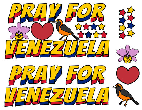 Pray for Venezuela text typography and national symbols illustration set. Includes full design, text only, 8 stars, hand-drawn Cattleya mossiae orchid and troupial bird on transparent background.
