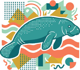 Large Teal Manatee Marine Animal Side View. © aditya