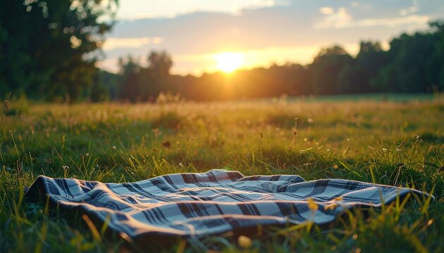 Plaid picnic blanket on green meadow at sunset golden hour