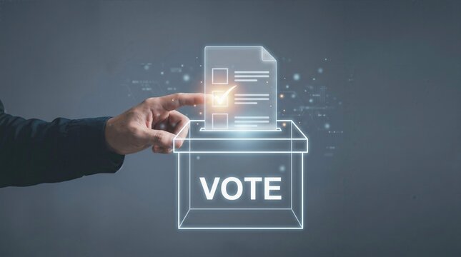 Man hand pointing at futuristic digital vote ballot paper with glowing checklist icon over virtual ballot box, online voting system and electronic democracy concept.