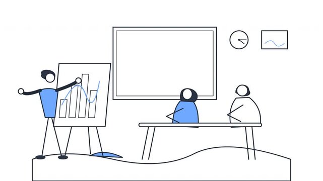 Line art animation of a speaker giving a business presentation to colleagues in a meeting room