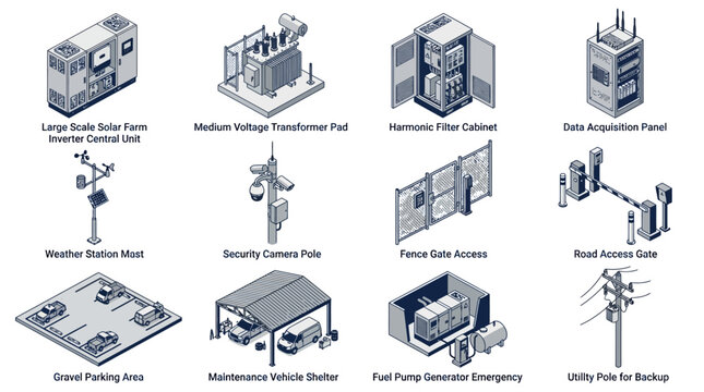 Isometric Industrial Infrastructure and Power Grid Icon Set featuring Solar Inverter, Transformer, Generator, Security Camera, and Utility Pole Vectors for Engineering Presentations