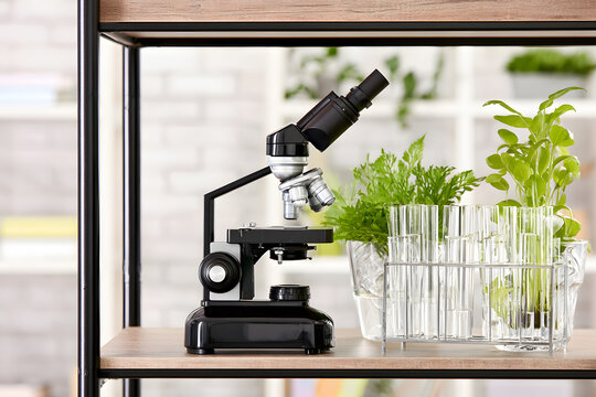 Modern microscope and test tubes with plants on the shelf in the Biology classroom, close-up