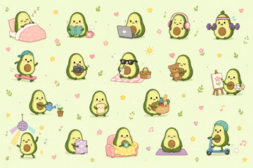 Fototapeta premium Cute avocado daily routine character sticker sheet and poster