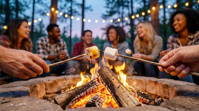 Friends Roasting Marshmallows Over Campfire At Night During Outdoor Summer Camping Trip Party