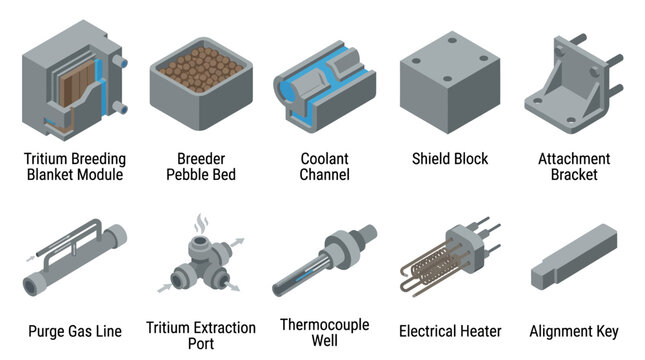 Isometric Nuclear Fusion Reactor Components Icon Set for Technical Engineering Diagrams and Scientific Education Presentations, Vector Illustration of Tritium Breeding and Reactor Parts