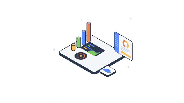 Isometric Business Analytics Dashboard Animation with Charts and Cloud Storage Icons