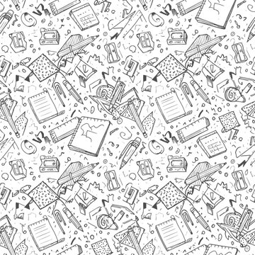 Hand Drawn School and Office Supplies Seamless Pattern,  vectorr background illustration