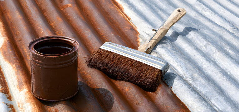 paint the tin metal roof with a roller and brown paint. Rusty house roofing restoration