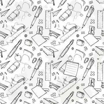 Seamless Pattern of Hand-Drawn School Supplies and Education Elements  vectorr background illustration. Black and White Stationery Doodle Background for Back to School and Learning.