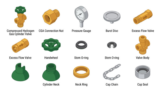 Isometric Gas Cylinder Valves and Components Icon Set with Pressure Gauge, Excess Flow Valve, CGA Connection Nut, and O-Ring Vector Illustration for Industrial Design