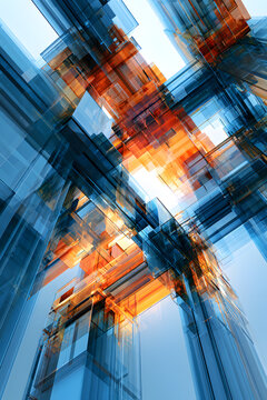 3D glass beams and geometric blocks in blue and orange form a futuristic composition