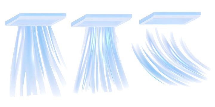Air flow set of vector elements on a white background. Abstract light effect blowing from an air conditioner, purifier, or humidifier. Dynamic blurred flow motion