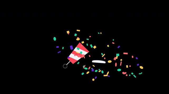 Animated Party Popper Exploding with Colorful Confetti on a Black Background