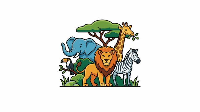 A colorful illustration of a lion elephant giraffe zebra toucan and tree