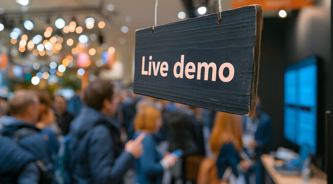 Visitors are being attracted to a lively tradeshow booth with a live demo sign at a bustling tech conference