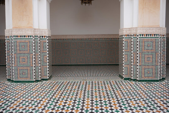 Mausoleum of Moulay Ismail inside, a tomb and mosque, in Meknes, Morocco, Africa. Sightseeing. Travel to Morocco. Moroccan architecture. 