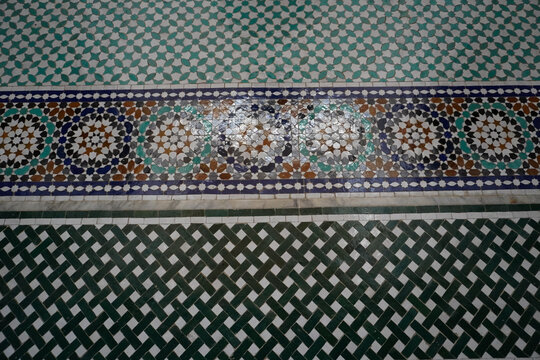 Pavement in Mausoleum of Moulay Ismail, a tomb and mosque, in Meknes, Morocco, Africa. Sightseeing. Travel to Morocco. 