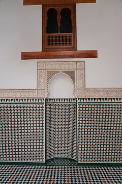 Mausoleum of Moulay Ismail inside, a tomb and mosque, in Meknes, Morocco, Africa. Sightseeing. Travel to Morocco. Moroccan architecture. 