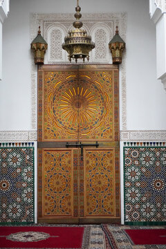 Mausoleum of Moulay Ismail inside, a tomb and mosque, in Meknes, Morocco, Africa. Sightseeing. Travel to Morocco. Moroccan architecture. 
