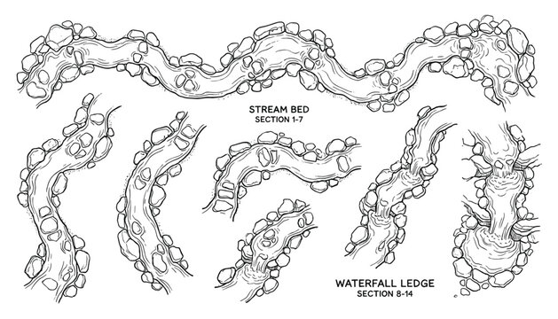 Vector illustrations of stream beds and waterfall ledges with rocks and flowing water for landscape design elements.