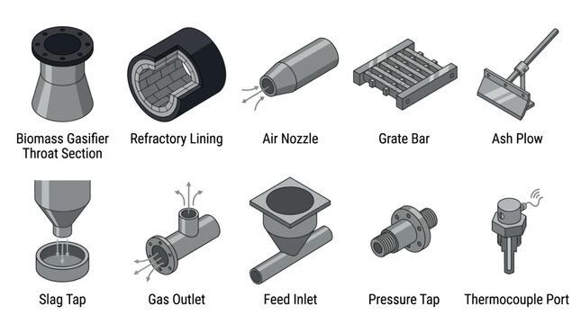 Isometric Vector Icon Set of Biomass Gasifier Parts and Industrial Components including Refractory Lining, Air Nozzle, Gas Outlet, and Pressure Tap for Technical Presentations