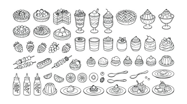 Set of 60 Hand-Drawn Dessert and Sweet Food Outline Icons Vector