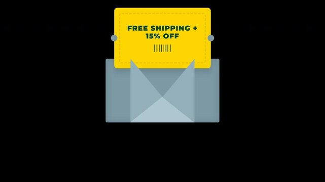 Animated envelope opening to reveal free shipping and discount coupon voucher