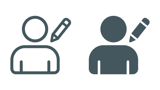 User profile editing icon: Two simple icons depicting a person silhouette with a pencil next to it, representing the action of editing or creating a user profile or personal data.