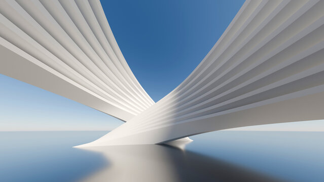 Abstract 3D architectural rendering with white crossing minimalist geometric structures, blue sky background, and modern dynamic linear pavilion design