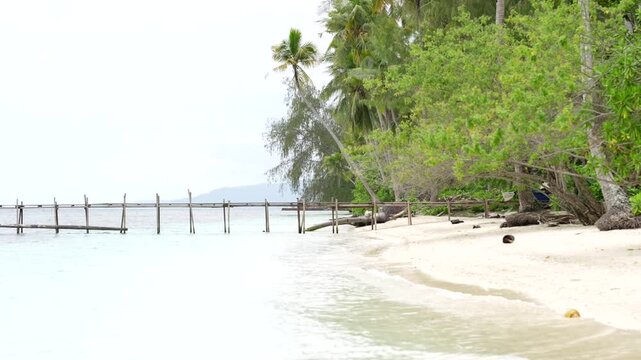 Tropical beach with wooden pier, white sand and palm trees. Peaceful seaside video featuring calm turquoise water, lush coastline and relaxing island scenery.