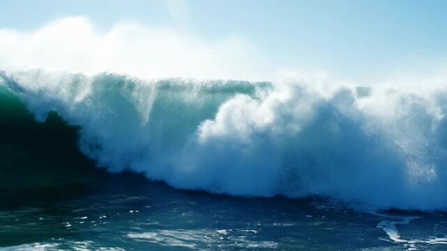 Large, blue ocean wave with foamy top under a clear, bright sky