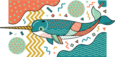 Colorful Cartoon Narwhal Swimming Left. © aditya